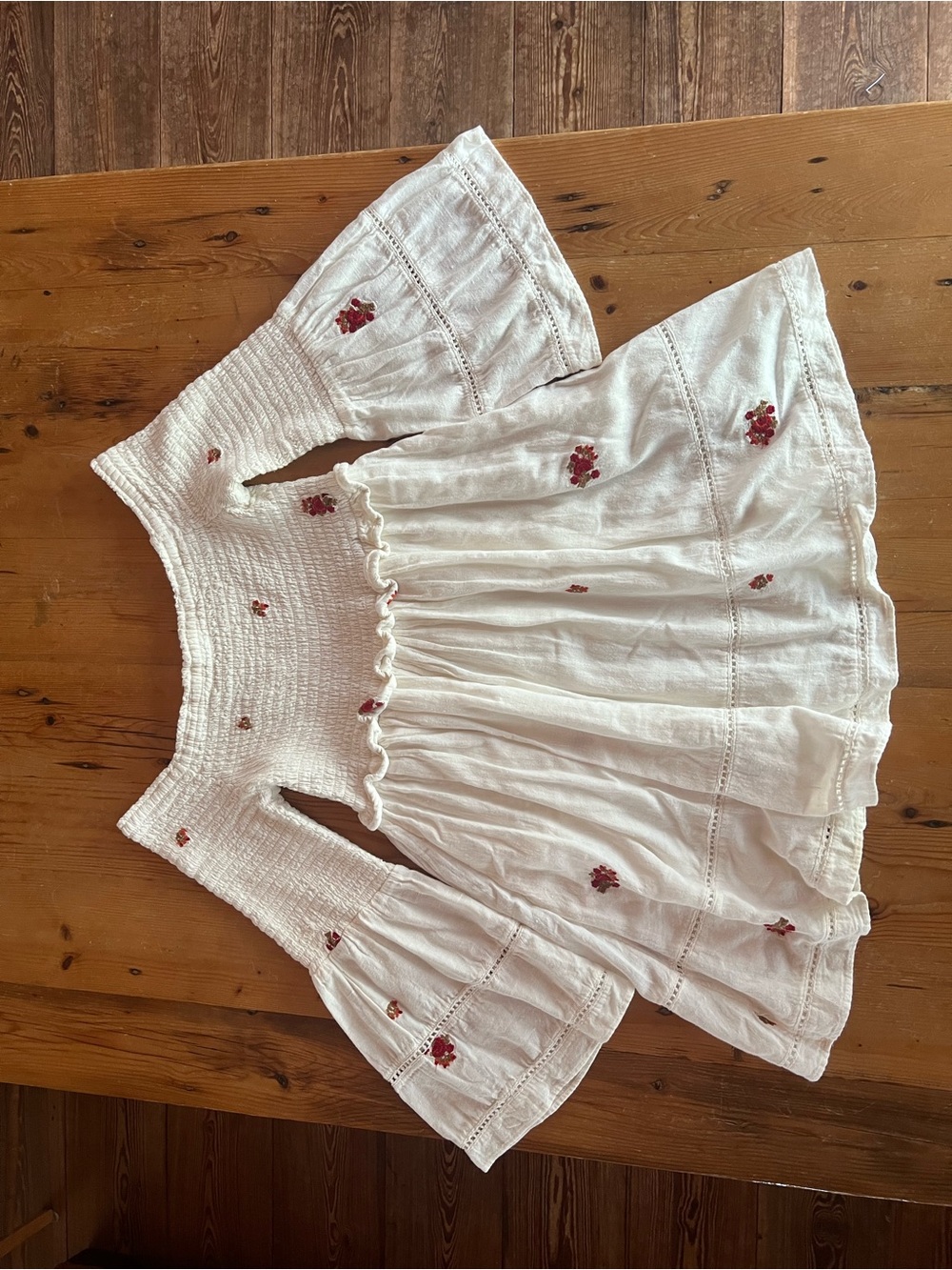 Free People White Embroidered Boho Skirt with Red Floral Accents